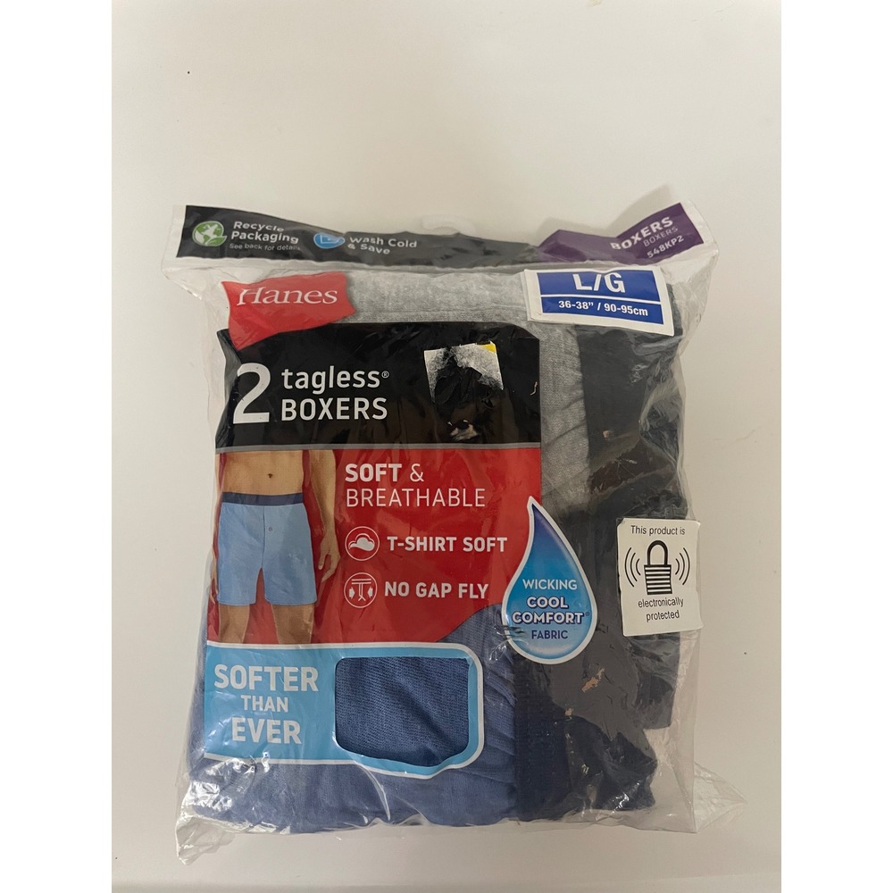 Hanes Mens 2 Pack Tagless Boxers Soft Breathable Cool Comfort Blue Grey L 548KP2